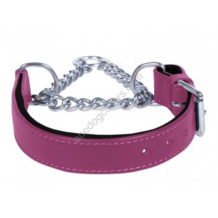 Adjustable PADDED Half check / Martingale Leather Dog Collar - Purple with Black Lining. (Stainless Steel Chain)